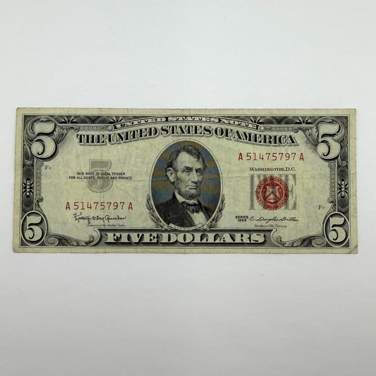 1963 Series $5 Red Seal United States Note, Serial A51475797A, Boston District A
