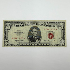 1963 Series $5 Red Seal United States Note, Serial A51475797A, Boston District A