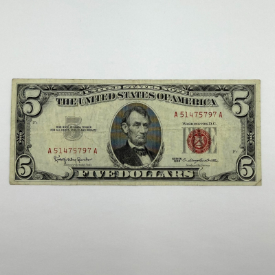 1963 Series $5 Red Seal United States Note, Serial A51475797A, Boston District A 1963 Series $5 Red Seal United States Note, Serial A51475797A, Boston District A