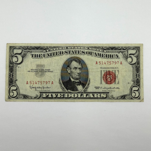 1963 Series $5 Red Seal United States Note, Serial A51475797A, Boston District A