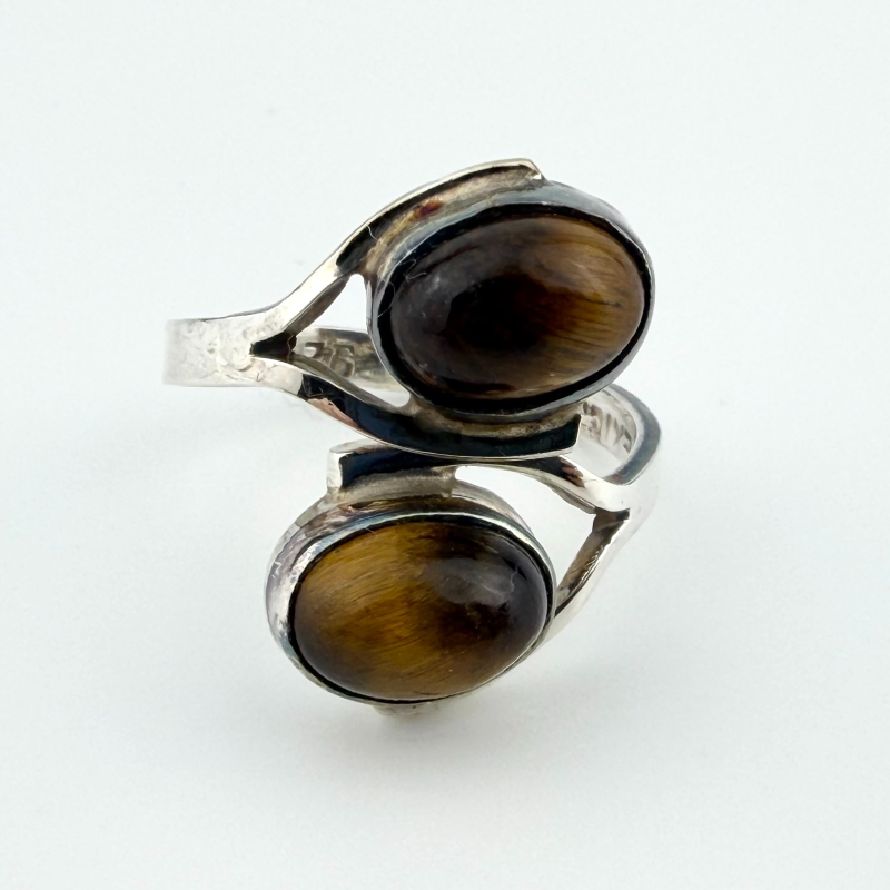 Vintage Mexican Sterling Silver Tiger's Eye Bypass Ring Signed Mexico TF-57 925