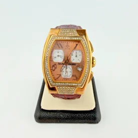 Techno Mania Pink Gold Chronograph Stainless Steel Watch Real Diamonds
