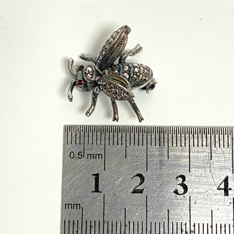 Alice Caviness Brooch Sterling Silver Rubies and Marcasite Grey Bumble Bee