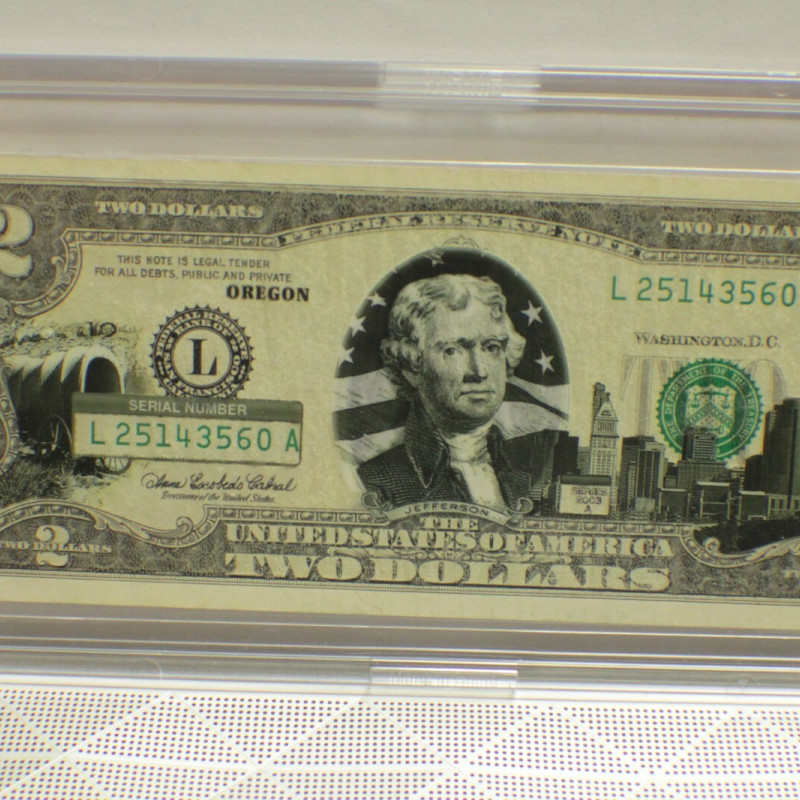 Uncirculated Series 2003A $2 Bill  Oregon with Clear Case Holder Uncirculated Series 2003A $2 Bill  Oregon with Clear Case Holder