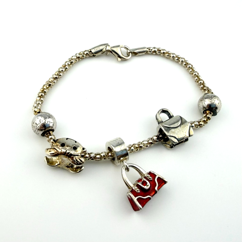 925 Sterling Silver Italian RCI Bracelet With Bag Charms, 7.5 ich