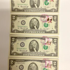 1976 $2 First Day of Issue 4 Consecutive Notes 13¢ Stamp Bicentennial UNC