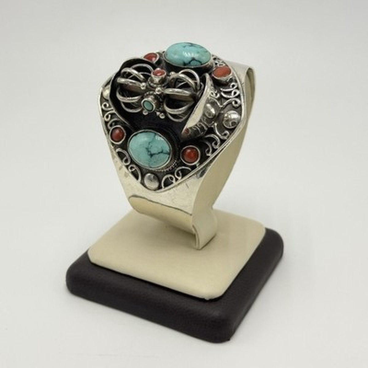 Vintage Sterling Silver Turquoise & Coral Spinner Cuff Bracelet Handmade - Unbranded