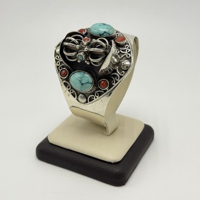 Vintage Sterling Silver Turquoise & Coral Spinner Cuff Bracelet Handmade