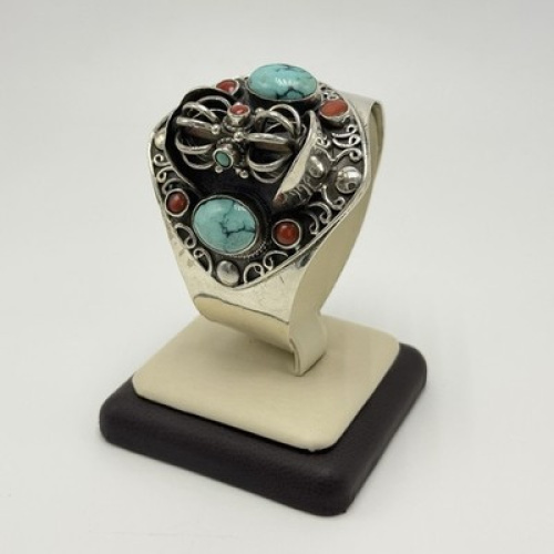 Vintage Sterling Silver Turquoise & Coral Spinner Cuff Bracelet Handmade
