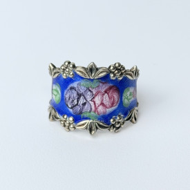 Vintage Guilloche Enamel Sterling Silver Floral Roses On Blue Ring, Sz 9.0