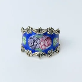 Vintage Guilloche Enamel Sterling Silver Floral Roses On Blue Ring, Sz 9.0