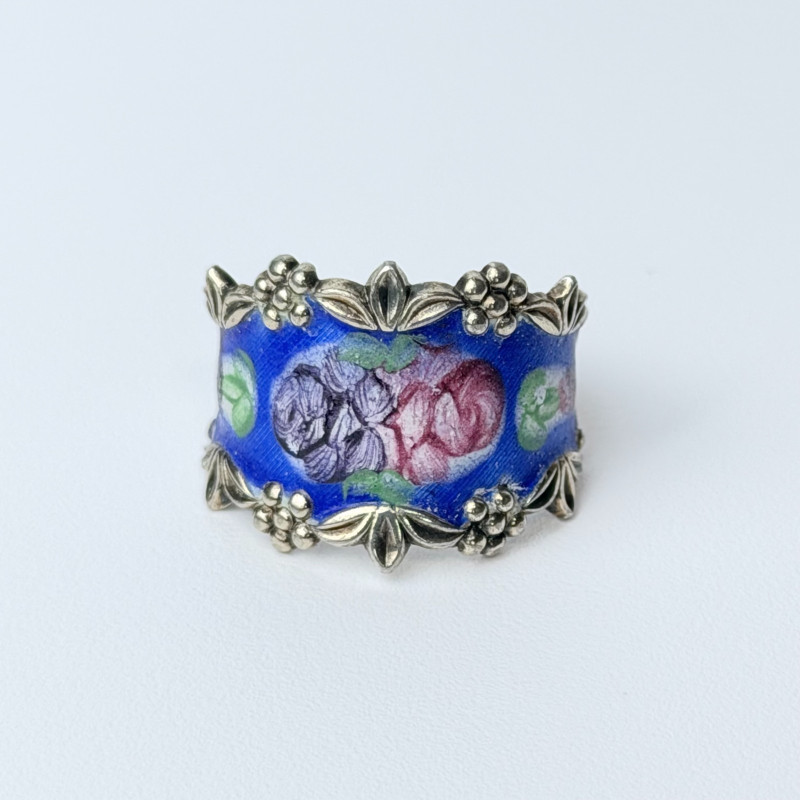 Vintage Guilloche Enamel Sterling Silver Floral Roses On Blue Ring, Sz 9.0