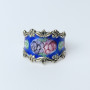 Vintage Guilloche Enamel Sterling Silver Floral Roses On Blue Ring, Sz 9.0