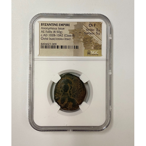 Byzantine Empire Anonymous Issue AE Follis AD 1028-1042 (Class B) NGC Ch F Byzantine Empire Anonymous Issue AE Follis AD 1028-1042 (Class B) NGC Ch F