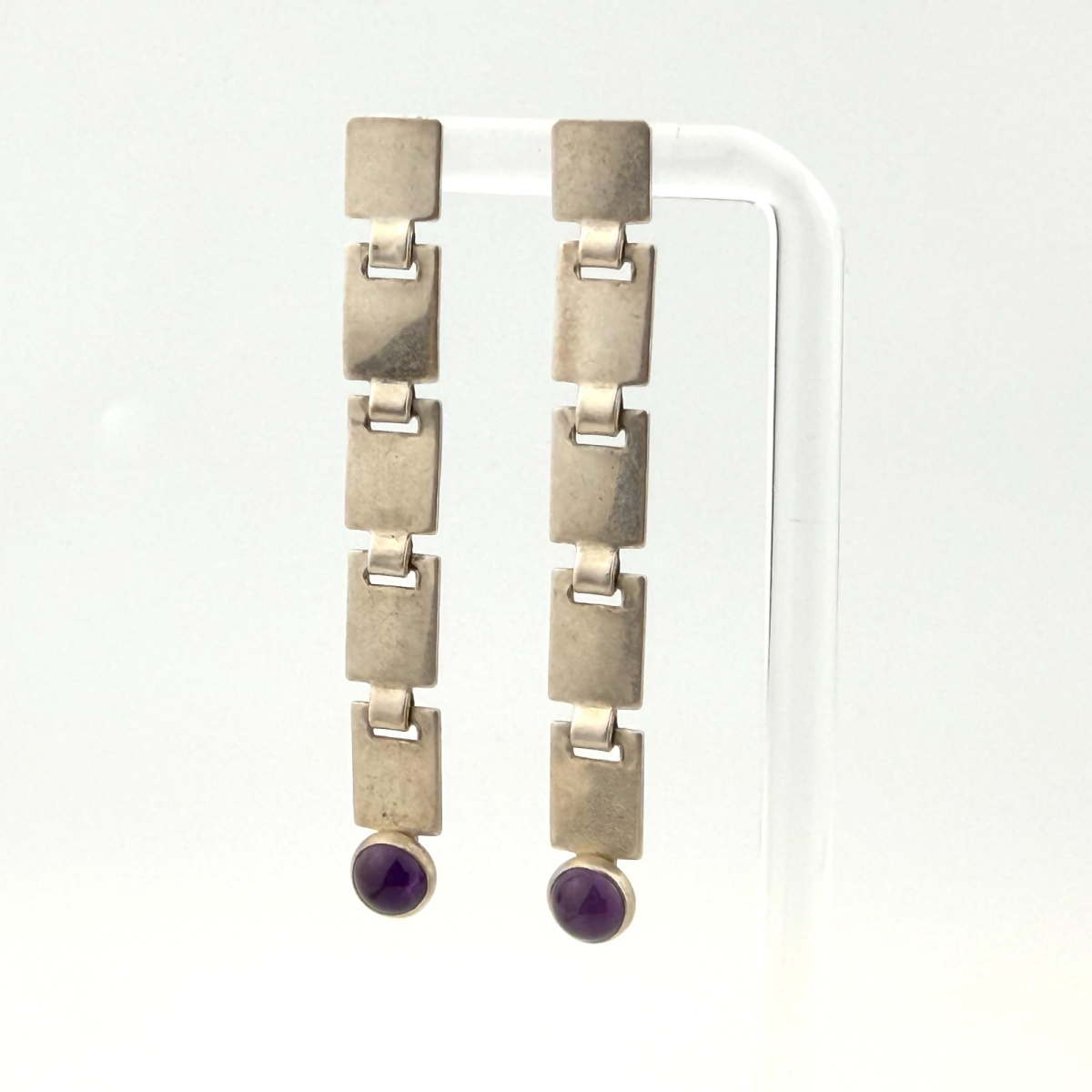 Vintage 925 Silver Long Modernist Dangle Earrings With Purple Iolite Stones - Unbranded