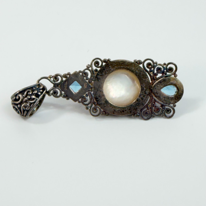 Sarda Bali Sterling Silver Pendant  White Mabe Pearl & Blue Topaz