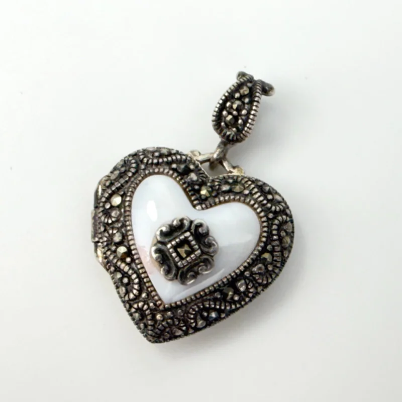 Vintage Marcasite Mother of Pearl Heart Locket/Pendant Sterling Silver Thailand