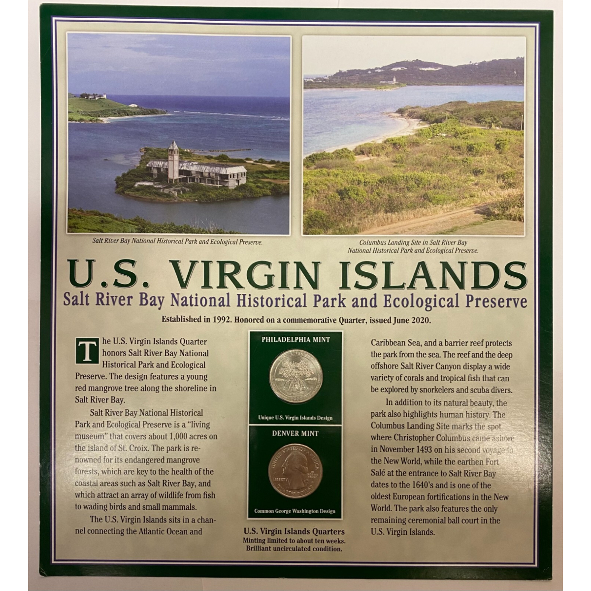 2 QUARTERS COINS 2020 & 2 STAMPS U.S. VIRGIN ISLAND