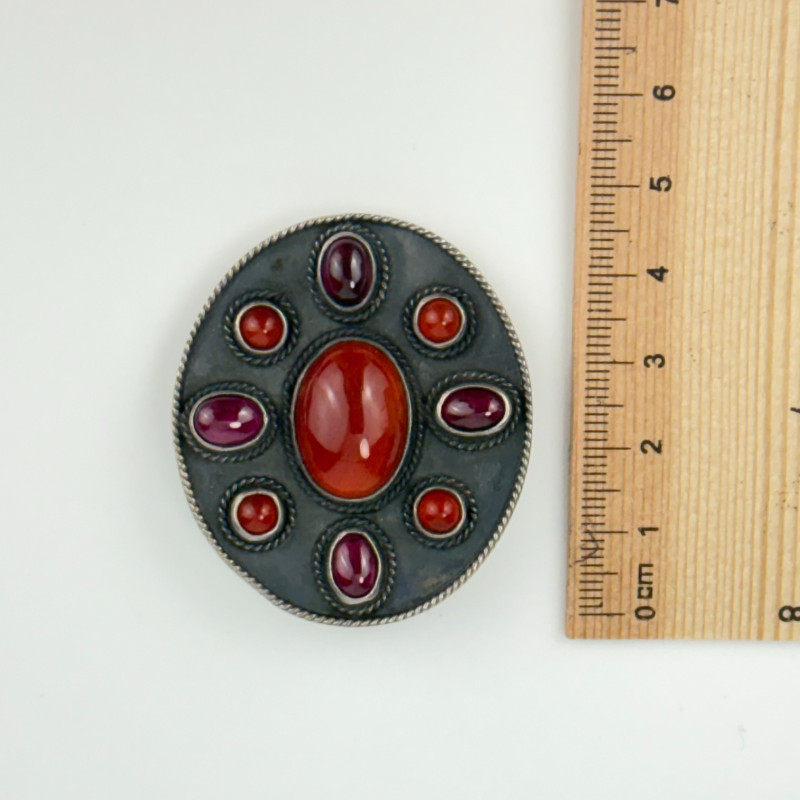 Vintage Rare Mexico 925 Silver Red Agat and Pink Tourmaline Pendant Brooch