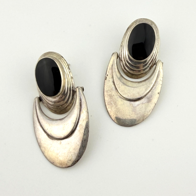 Vintage Sterling Silver Black Onyx Door Knocker Dangle Earrings