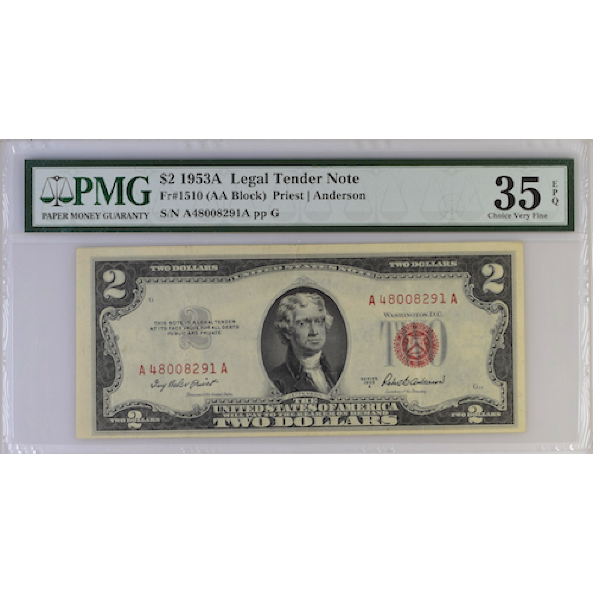 Fr#1510 $2 1953 A  Legal Tender Note (AA Block) Priest Anderson 