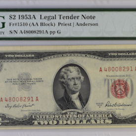 Fr#1510 $2 1953 A  Legal Tender Note (AA Block) Priest Anderson 