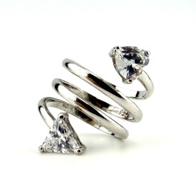 925 Sterling Silver Spiral Wrap Ring, 2 Triangular Cubic Zirconia Stones Size 5