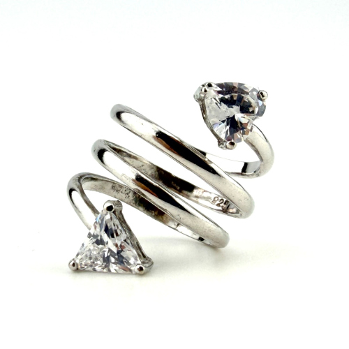 925 Sterling Silver Spiral Wrap Ring, 2 Triangular Cubic Zirconia Stones Size 5