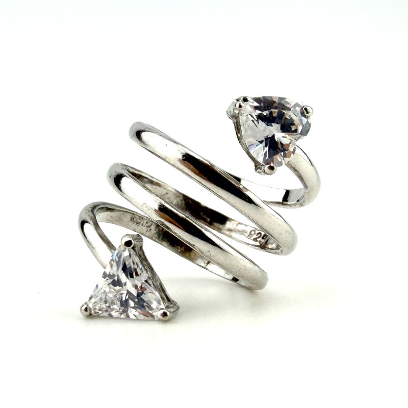 925 Sterling Silver Spiral Wrap Ring, 2 Triangular Cubic Zirconia Stones Size 5