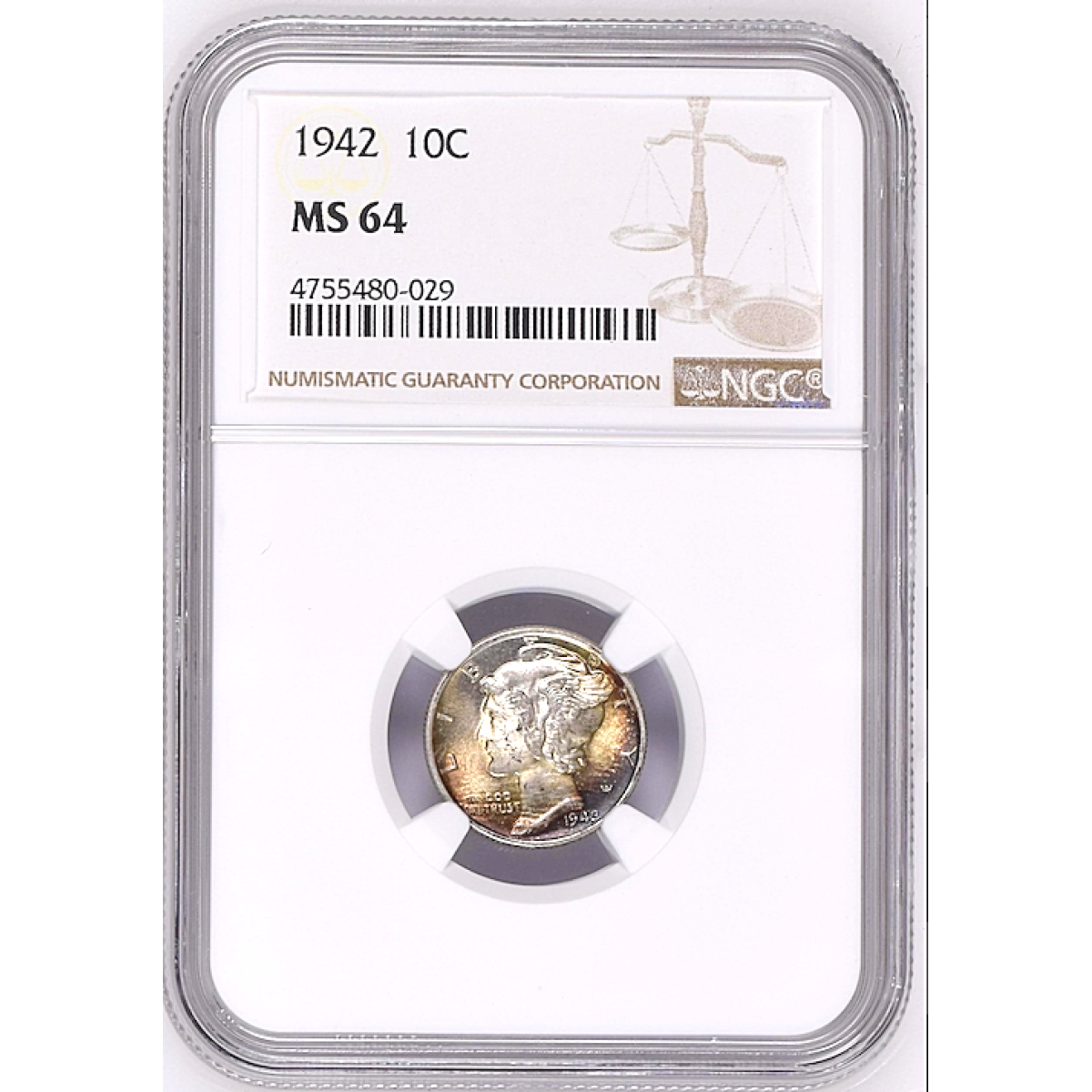 1942 NGC MS 64 10C  MERCURY DIME COLOR 