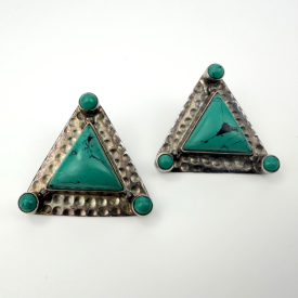 Vintage Dark Teal Turquoise Sterling Silver Triangle Stud Earrings Signed India