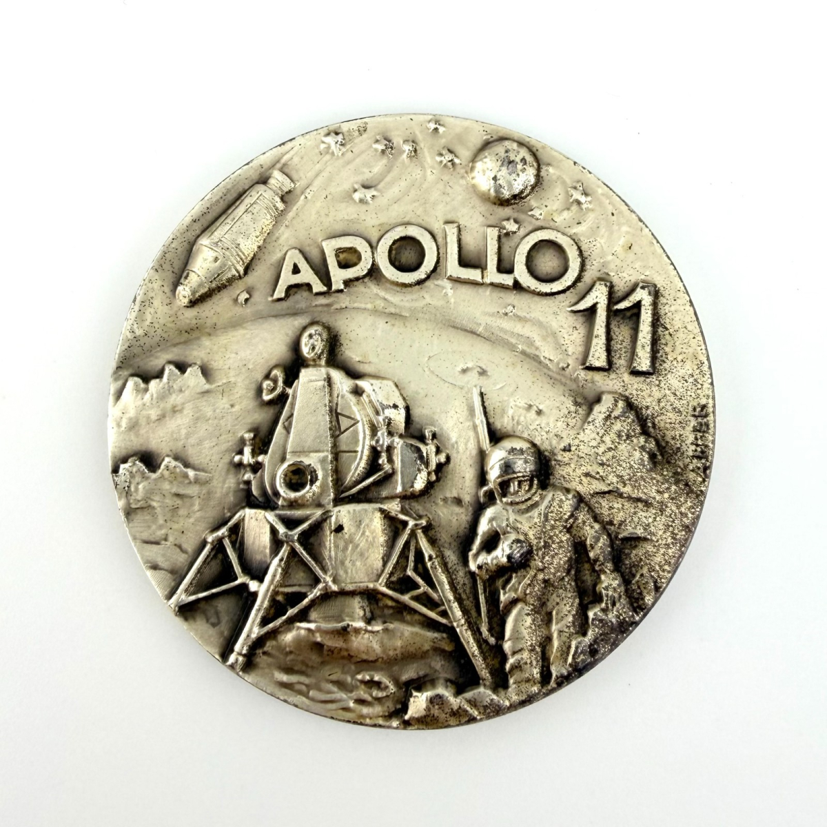 Apollo 11 NASA Space Moon High Relief Medal 2" Silvered Bronze Coin Medallion
