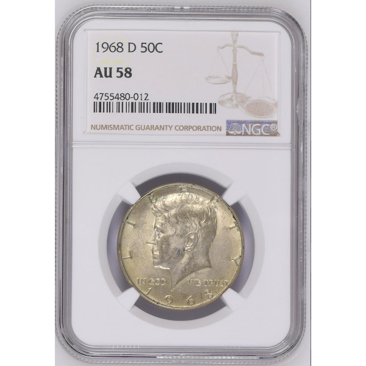 1968 D NGC AU 58 HALF DOLLAR SILVER KENNEDY DOLLAR
