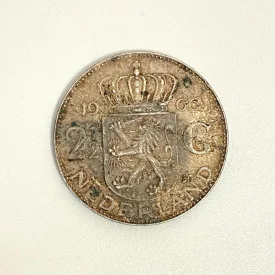 1966 2-1/2 Gulden Silver Coin, Netherlands, Queen Juliana