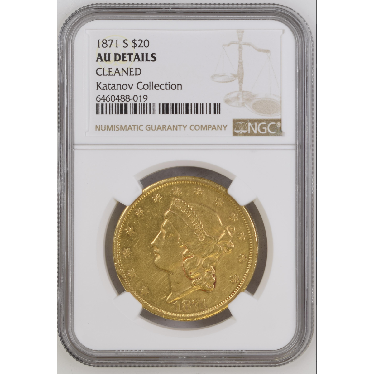 1871-S $20 Liberty Head Gold Double Eagle NGC AU DETAILS