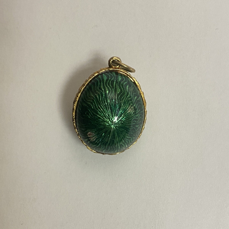 Antique Sterling Silver Enamel Egg shape green with gold designs