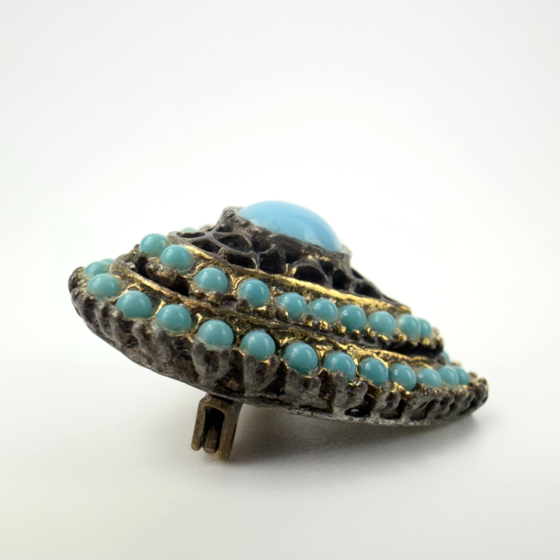 Vintage Gold Tone Metal Blue Turquoise Domed Heart Pin Brooch