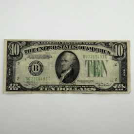 1934-A $10 Federal Reserve Note - Leading 077 Low Serial - B07769493C New York