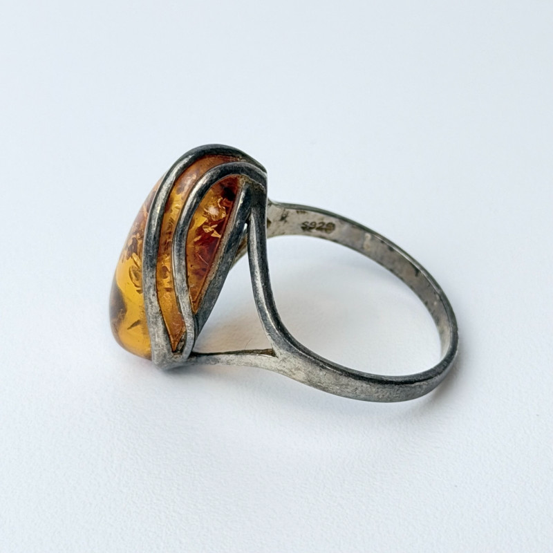 Elegant Antique French Art Nouveau Sterling Silver w Amber stone, sz 9.0