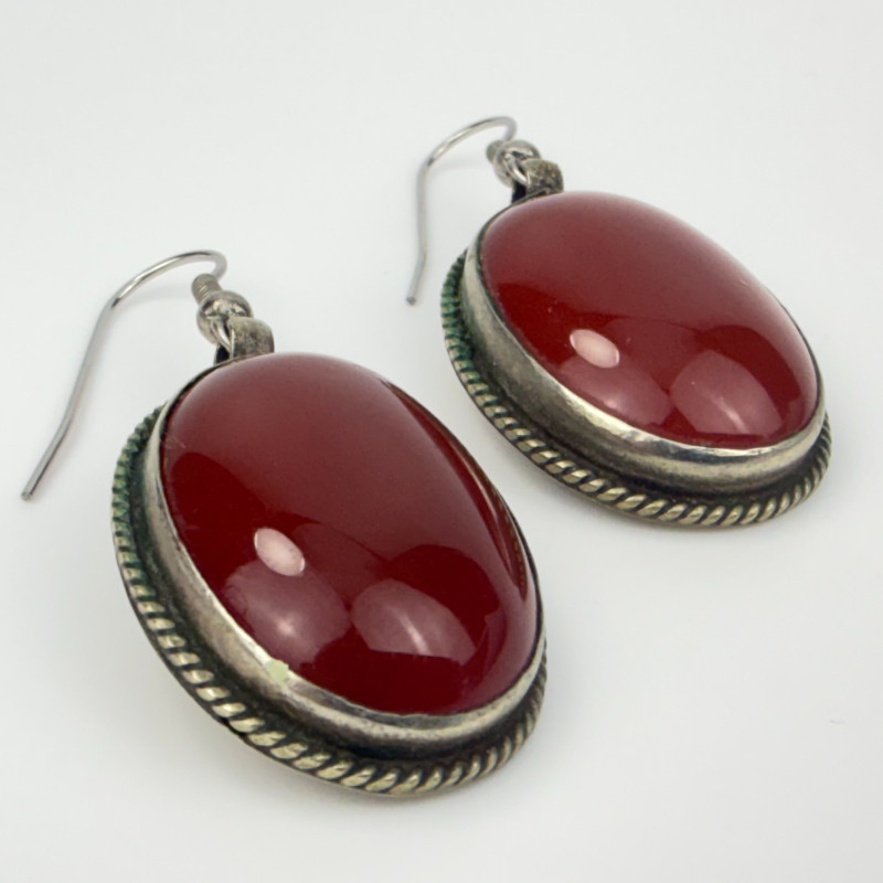 Vintage Old Custom Jewelry Natural Agate Oval Gemstone Earrings Boho