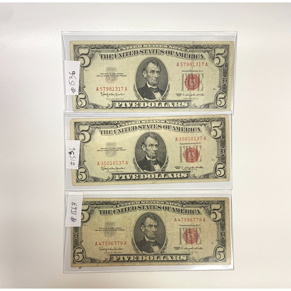 3 pieces 1963 - 5$ Federal Reserve Note Five Dollar Red Seal Circulated
