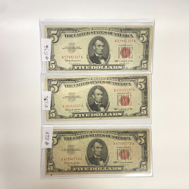 3 pieces 1963 - 5$ Federal Reserve Note Five Dollar Red Seal Circulated