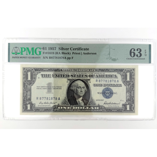 1957 $1 Silver Cert. Fr. 1619 RA Block PMG 63 EPQ Repeater Serial R8778 1878A 1957 $1 Silver Cert. Fr. 1619 RA Block PMG 63 EPQ Repeater Serial R8778 1878A