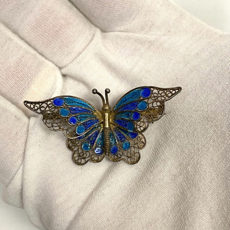 Vintage 800 Silver and Enamel Butterfly Pin