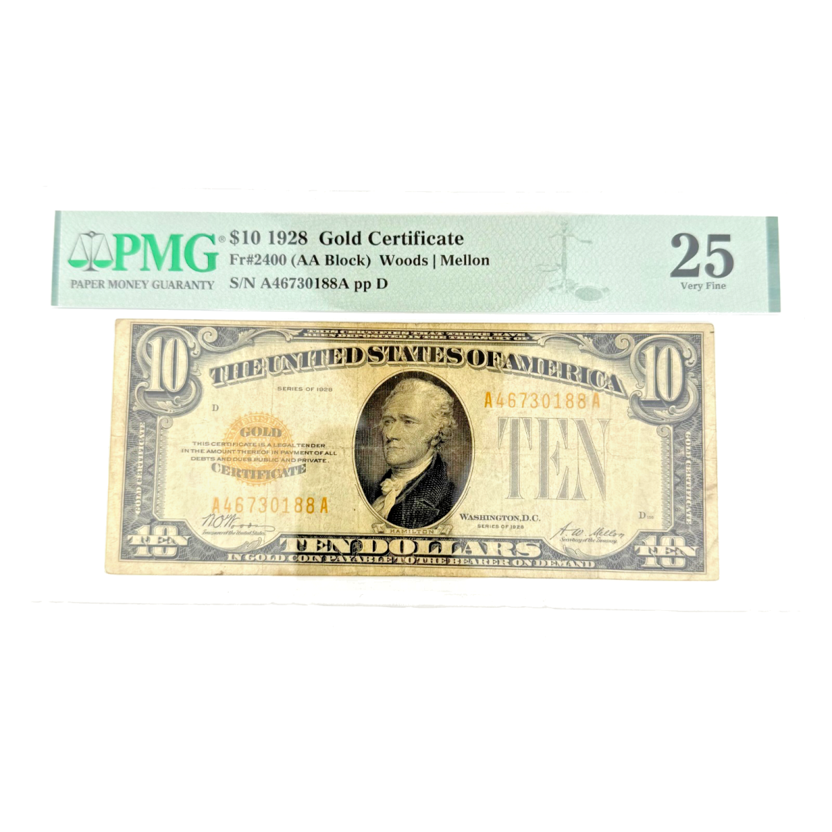1928 $10 Gold Certificate Yellow Seal AA Block PMG 25 VF - A46730188A