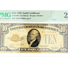 1928 $10 Gold Certificate Yellow Seal AA Block PMG 25 VF - A46730188A