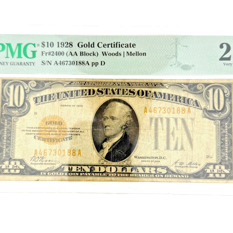 1928 $10 Gold Certificate Yellow Seal AA Block PMG 25 VF - A46730188A