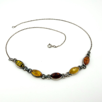 Vintage Sterling Silver Multicolor Baltic Amber Link Necklace 17 in