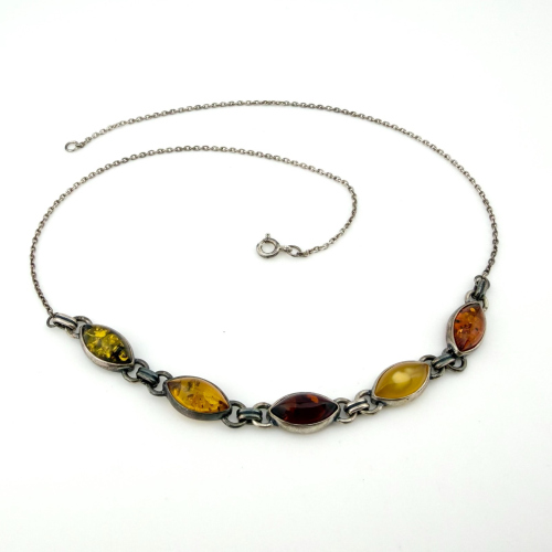 Vintage Sterling Silver Multicolor Baltic Amber Link Necklace 17 in Vintage Sterling Silver Multicolor Baltic Amber Link Necklace 17 in