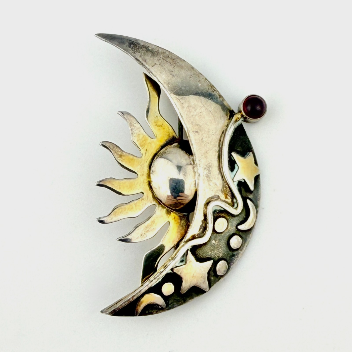 Sterling with Gold Wash Pin - Sun, Quart Moon & Stars with Garnet - Artisan